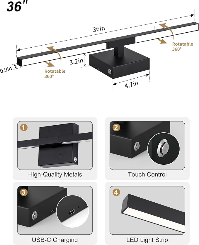 Rayogale Black Battery Operated Wall Sconce with Remote Control 36 Inch | 3000/4500/6000K Dimmable 8000mAh Wireless Rechargeable Wall Sconces Set of Two with Timer for Living Room, Bedroom, TV