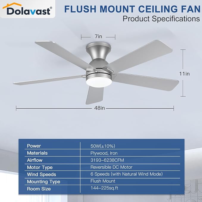 Ceiling Fans with Lights and Remote, 48 Inch Ceiling Fan with Light, Low Profile, Reversible, Dimmable LED, Flush Mount, Quiet, DC Motor, Nickel Ceiling Fan for Bedroom, Kitchen, Dining Room