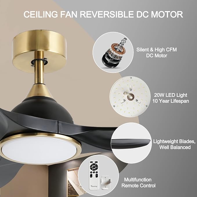 52 Inch High CFM Modern 3 Blade Black Gold Ceiling Fan with Lights Remote | Quiet DC Motor, 6 Speed, Indoor Living Room Bedroom Ceiling Fan