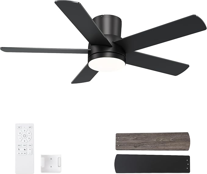 42 Inch Flush Mount Black Ceiling Fan with Light and Remote | 6-Speed Quiet Reversible DC Motor, Dimmable 3CCT LED, 3 Timing Settings, 5-Blade Modern Design, Indoor or Covered Outdoor Use