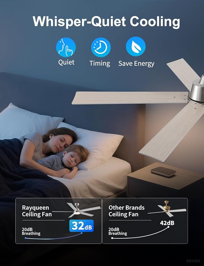 Rayqueen 60Inch Brushed Nickel Ceiling Fans with Lights and Remote,Downrod | 6 Speed Reversible DC motor,3-color temperature dimmable LED.For indoor/covered outdoor.Modern style for bedroom room