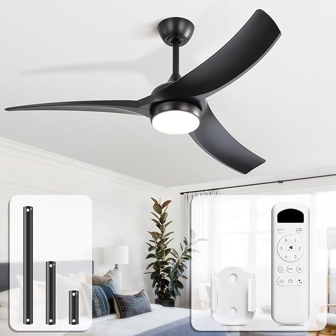 Sofucor 52 Inch Ceiling Fan with Light, Outdoor Black Ceiling Fan with Lights Remote Control Airflow 6000CFM 3 CCT Dimmable 3-Timer ABS 3 Blades Reversible DC Motor for Living Room Bedroom Patio