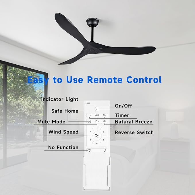 Bigzone 60 Inch solid Wood Ceiling Fan without Light Flush Mount with Remote Control 3 Blades Modern Ceiling Fan No Light for Loving Room/Dining Room/Farmhouse/Indoor, Matte Black