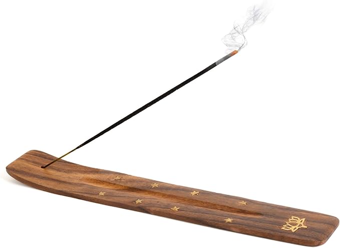 Incense Garden Wooden Incense Holder for Sticks with Inlays of Brass Lotus Flower 10 inches Long