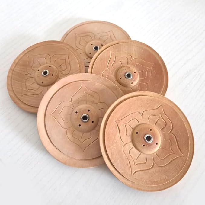 Wood Incense Holder Lotus Design | Handmade Carved Eco-Friendly Wood Incense Burner Ash Catcher | Home Décor Housewarming Gift | Stand Holds 4 Regular and 1 Tibetan Sticks