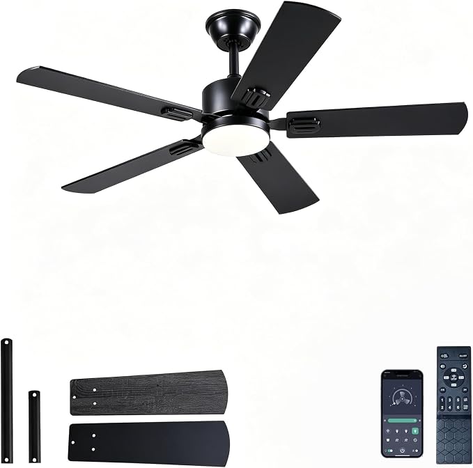 FUMLTP 46 inch Modern Ceiling Fans with Lights APP/Remote Control, Low Profile Reversible 6 Speeds Ceiling Fan Light for Indoor/Outdoor Patio Bedroom Living Room,Black