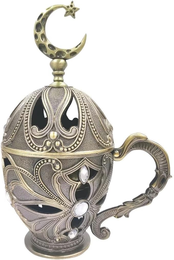 Hourwof Vintage Cone Incense Holder,Metal Incense Burner Holder with Cover,Bakhoor Burners,Incense Ash Catcher with Handle for Yoga Aromatherapy Meditation Home Office Decor,Moon Bronze