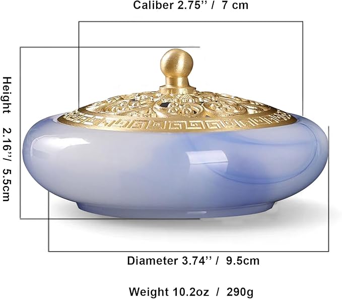 Incense Holder with Brass lid,Cone Incense Burner Suitable for Incense Sticks Coil,Artificial Glazed Jade Censer for Yoga Meditation, Home Decor