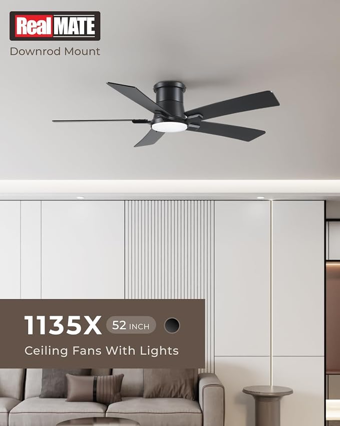 52 Inch Balck Flush Mount Ceiling Fans with Lights and Remote | 3CCT Dimmable LED, 6 Speed, Quiet DC Motor, 3-Level Timer Function, Forward/Reserve For all Seasons, Indoor/Covered Outdoor