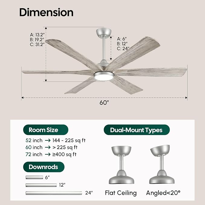 60 Inch Smart Outdoor Ceiling Fan with Light, Remote/Alexa/App Control, ETL Listed Quiet DC Motor, 8268 CFM High Airflow, 6 Modern Solid Wood Blades, for Indoor Living Room Bedroom, Covered Patio