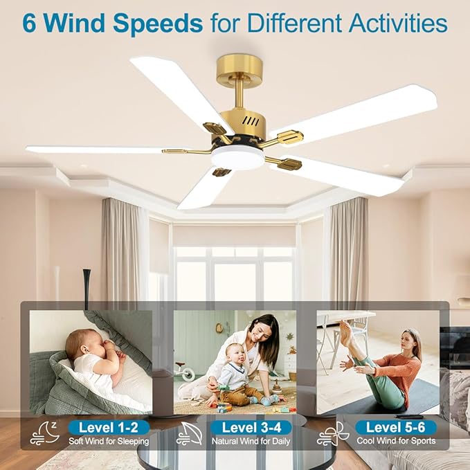 52 inch Ceiling Fan with Lights White and Gold, 3000K-6000K, 6 Wind Speeds, Dimmable LED Ceiling Fan 5 Blades, Quiet Reversible DC Motor, Modern Ceiling Fan for Bedroom, Living Room, Patio