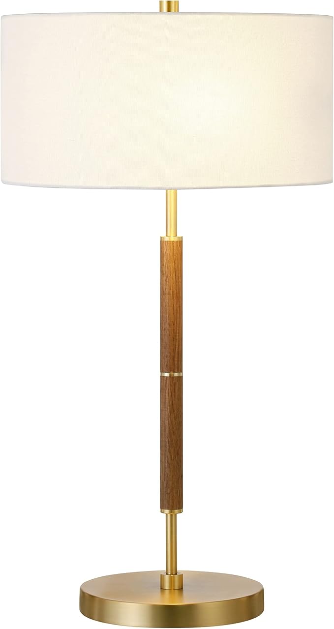 Henn&Hart 25" 2-Tone Modern 2-Light Table Lamp with White Fabric Drum Shade for Living Room, Bedroom, or Office, Medium Oak/Gold
