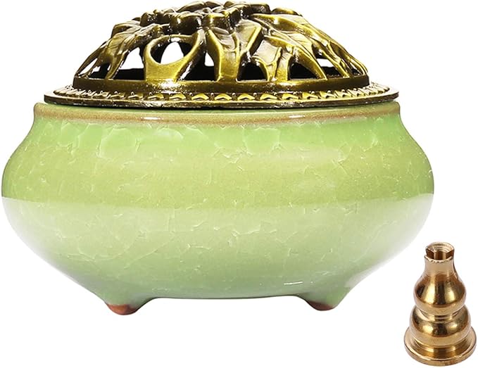Miupoo Stick Incense Burner and Cone Incense Holder with Brass Incense Stick Holder Ceramic Ash Catcher (Light Green)