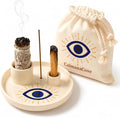 Incense & Palo Santo Holder – 6.5'' Ceramic Sage Burner for Sticks, Bundles, Cones, Candle & Tealight with Ash Catcher – Jewelry Tray, Smudge Pot, Home Décor, Meditation Gift (Blue Eye)