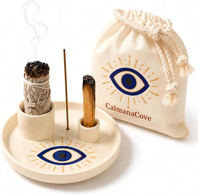 Incense & Palo Santo Holder – 6.5'' Ceramic Sage Burner for Sticks, Bundles, Cones, Candle & Tealight with Ash Catcher – Jewelry Tray, Smudge Pot, Home Décor, Meditation Gift (Blue Eye)