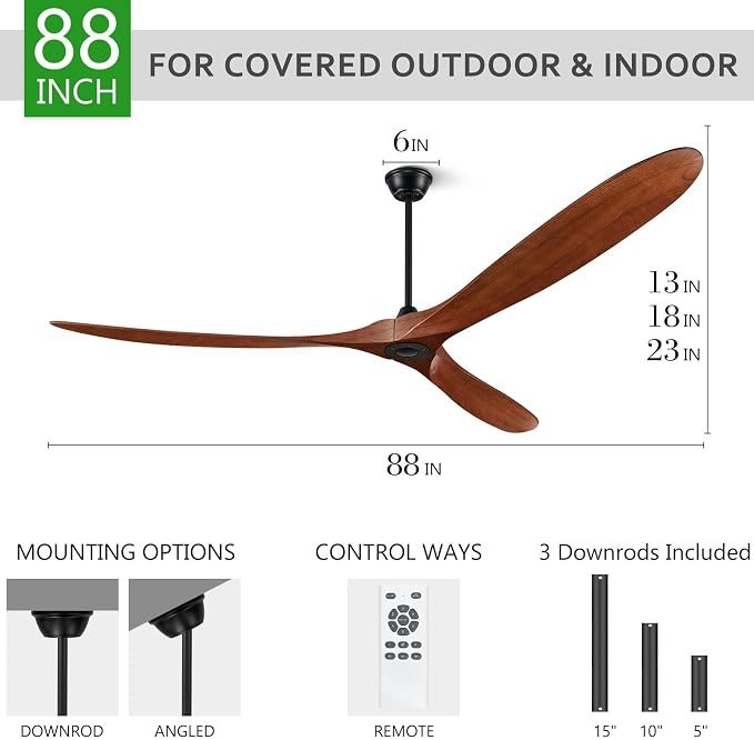 Eliora 88" Ceiling Fans Without Lights, Wood Ceiling Fan no Light with Remote, Large Outdoor Ceiling Fan for Patio, Porch, Bedroom, 6 Speed, Quiet DC Motor, ETL Listed-Dark Walnut