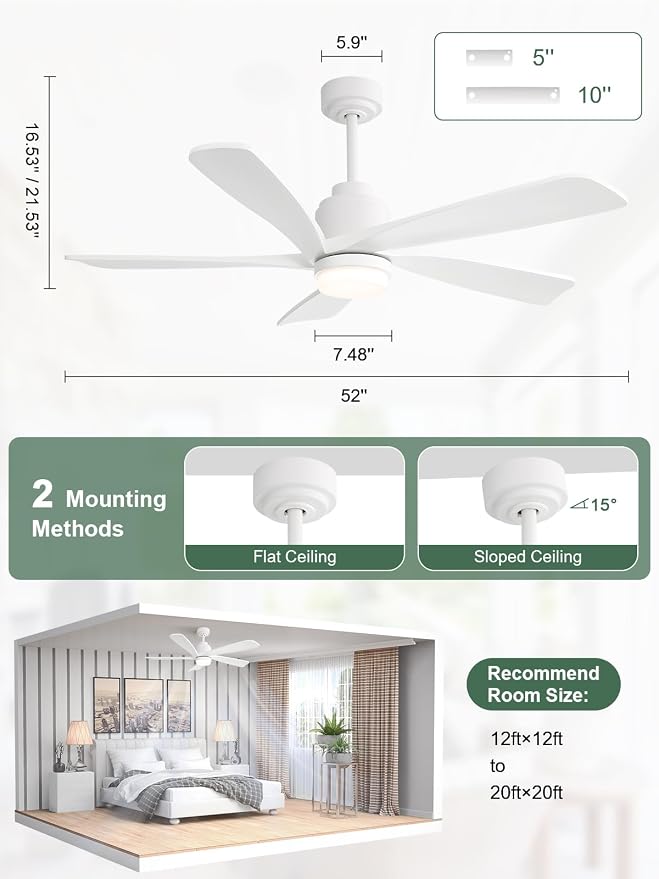 Sofucor White Ceiling Fan with Lights and Remote, 52 Inch Modern Wood Ceiling Fan for Indoor Farmhouse Bedroom Living Room Outdoor Patio Porch, Quiet, Reversible DC Motor