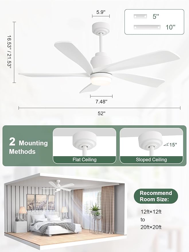 Sofucor Smart Ceiling Fan with Lights and Remote, 52 Inch Modern White Wood Ceiling Fan for Indoor Farmhouse Bedroom Living Room Outdoor Patio Porch, Compatible with Alexa/APP/Google Assistant