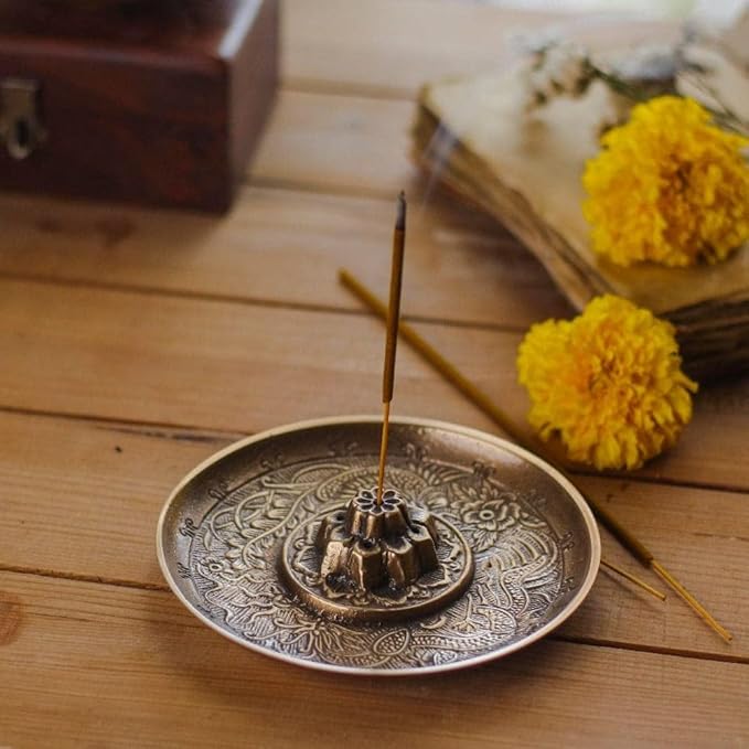 Handcrafted Brass Embossed Incense Burner Stick Holder Bowl Traditional Design for Aromatherapy,Meditaion, Yoga, Ash Catcher Bowl for Home Décor (5" x 5" x 1.5"), Antique Vintage Finish
