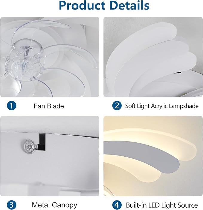 Dalouguan Ceiling Fan with Lights Remote Control, White Flower 6 Speeds 3 Light Color Low Profile Flush Mount Ceiling Fan for Kitchen Bedroom