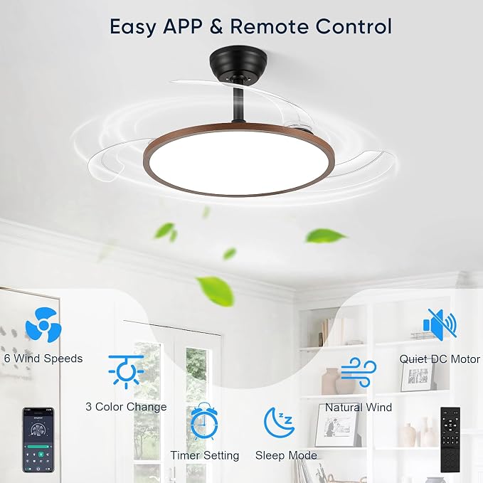 42 Inch Retractable Ceiling Fan with Lights, Fandelier Ceiling Fan for Bedroom Living Room Dinning Room, Chandelier with Fan 6 Speed, 3 Color Temperature, Reversible DC Motor-Black