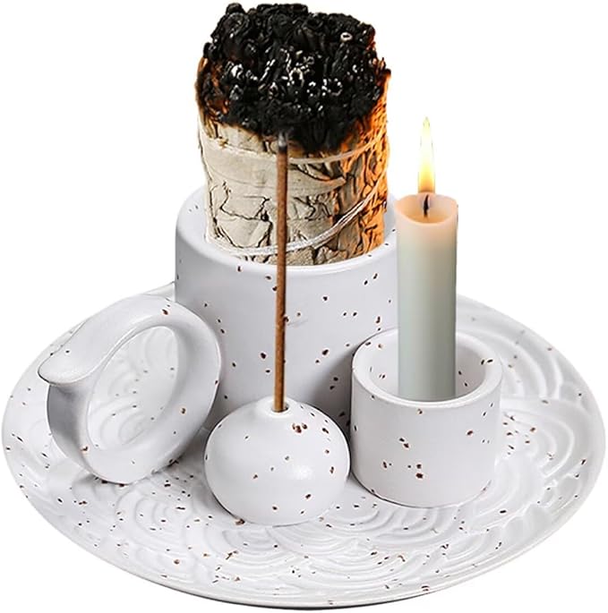 Incense Burner Sage Palo Santo Candle Sticks Holder for Burning with Ash Catcher Tray, Handmade Ceramic Multi-Use Aromatherapy Tray for Meditation, Yoga, Home Decor