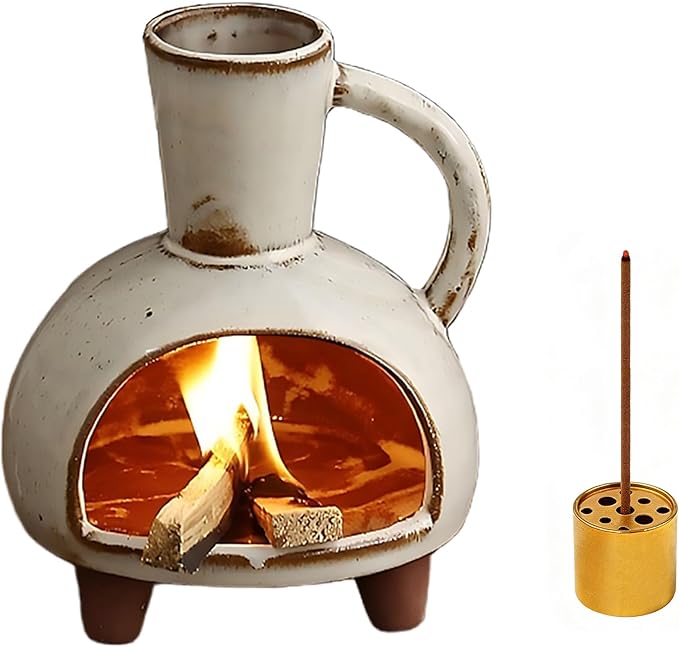 Ceramic Incense Holder, Mini Palo Santo Burner Chimney for Palo Santo Sticks, Cone Incense and Sage Smudging, Handmade Cone Incense Holder Burner for Yoga, Meditation, and Energy Cleansing (Retro 01)