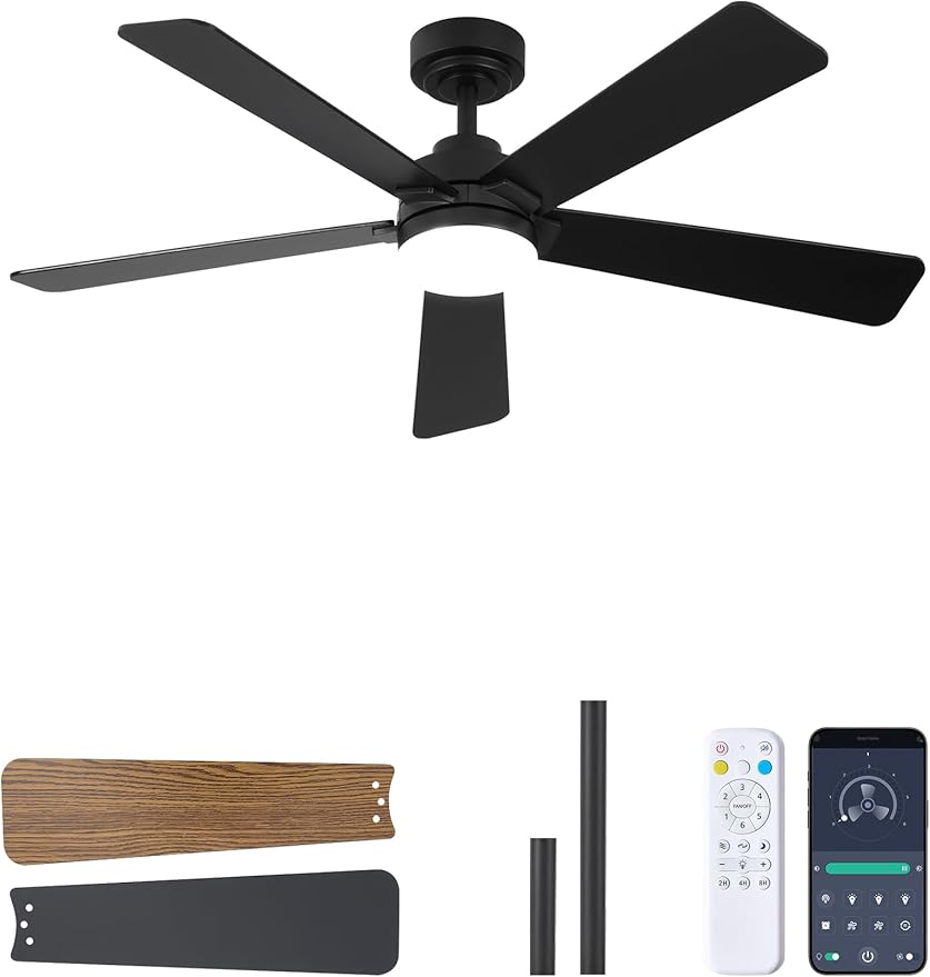 48 Inch Ceiling Fan with Lights and Remote, Downrod Mount, Sloped Ceiling Compatible up to 15°, Quiet Reversible DC Motor, 3CCT Dimmable LED, Black Ceiling Fan for Bedroom Living Room