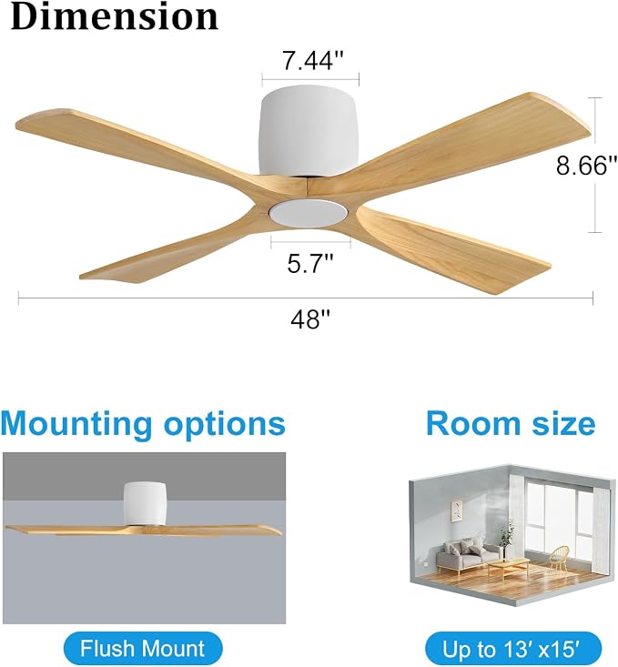 WINGBO 48 Inch Ceiling Fan Without Light, Solid Wood Flush Mount Ceiling Fan with Remote Control, Reversible DC Motor, 4 Blades, 6-Speed Quiet Performance, for Bedroom & Living Room, White+Light Wood