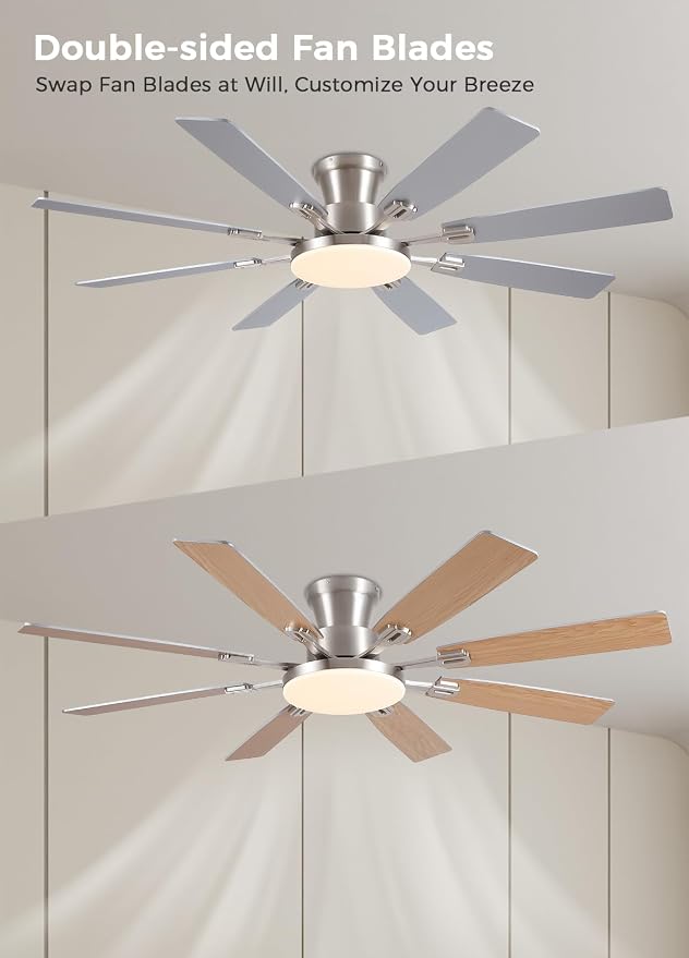 JSAITEE 60Inch Ceiling Fan with Lights Large Low Profile Flush Mount Nickel | Ceiling Fans,DC Reversible Motor Noiseless, 3CCT Dimmable, Dual Finish, 6 Speeds Ceiling Fan for Indoor/Outdoor,Nickel