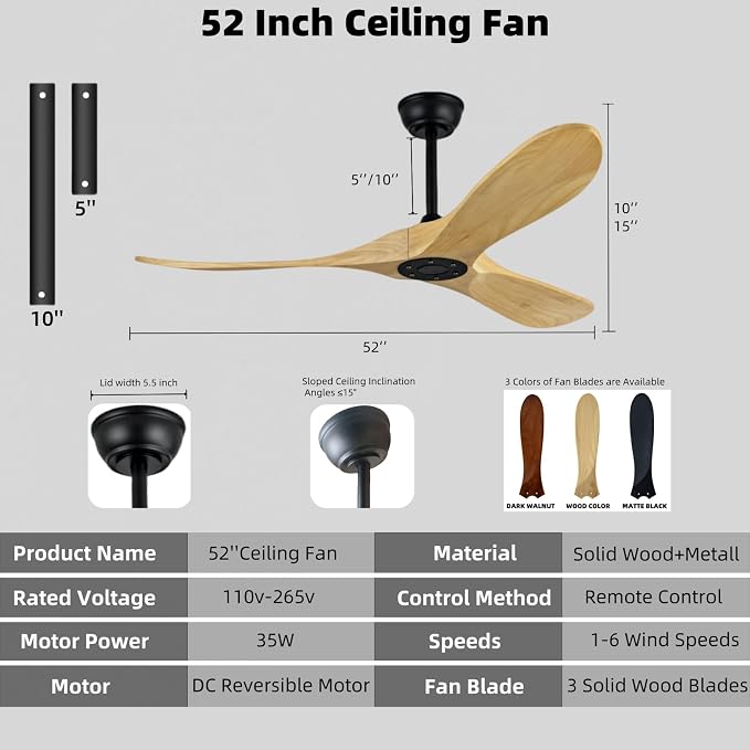 Contemporary Style 52 Inch Wooden Ceiling Fan, Boom Mounted, with Remote Control, Reversible DC Motor, Suitable for Living Room, Bedroom, Dining Room, Terrace, Farmhouse