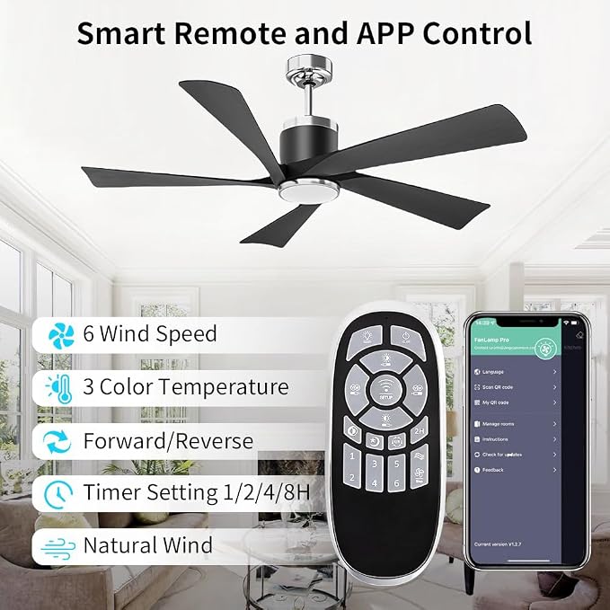 TXCSLY 52'' Ceiling Fans with Lights, Modern Ceiling Fan with Remote Control, Indoor Outdoor Ceiling Fan for Living Room,Bedroom 5 Blade 3 Color Tempearture (Black)