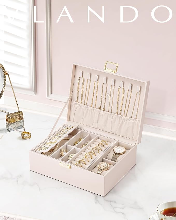 VLANDO 2 Layer Jewelry Boxes Large Jewelry Organizer for Women Removable Jewelery Tray for Watch Necklace Earrings Rings Bracelets Mothers Gifts Mom Gifts(Apricot White)