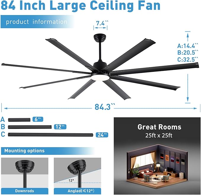 Minislak 84 lnch lndustrial Celing Fan with Light and Remote Control,Large Celing Fan with 8 Black Aluminum Blades,6 Speed Noiseless DC Motor,Wet Rated Indoor Outdoor Ceiling Fans for Patio,Exterior