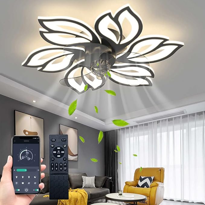 25.6" Bladeless Ceiling Fan with Lights Remote Control, Modern Low Profile Ceiling Fans with Lights, Dimmable 3 Color 6 Wind Speeds LED Ceiling Fan for Bedroom, Living Room, Kids Room - Black
