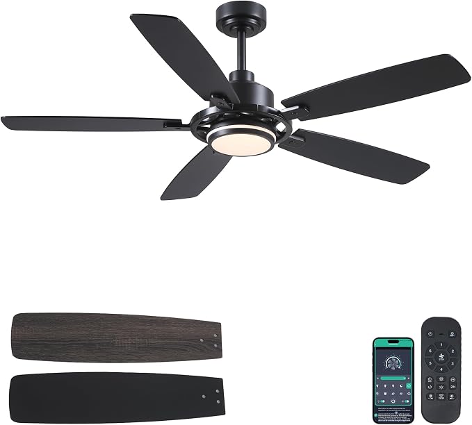 SHIHOT 54" Black Modern Ceiling Fans with Lights&Remote for Bedroom Kitchen | 6 Wind Speeds, Reversible, Dimmable 3 Light Colors LED Light, 30W Noiseless DC Motor,5 Double-Sided Blades,2H Timer