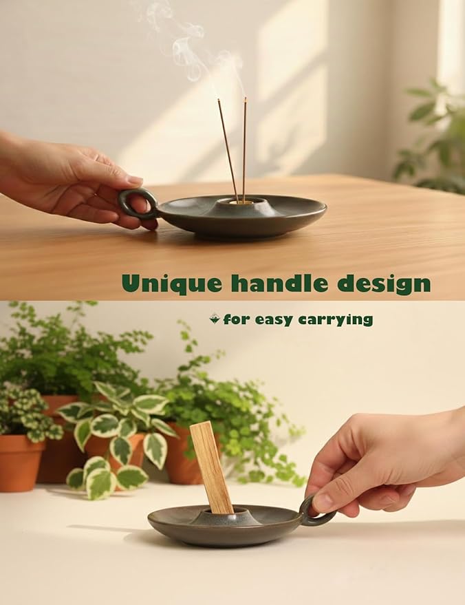 Klin-Transformation Glaze Green Incense Holder，Handcrafted Ceramic with Unique Flowing Colors & Handle for Sage, Palo Santo, Good for Meditation & Yoga Gift