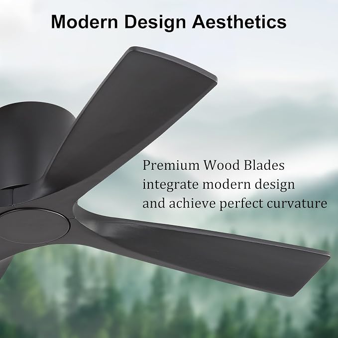 WINGBO 48 Inch Ceiling Fan Without Light,Solid Wood Flush Mount Ceiling Fan with Remote Control, Reversible DC Motor, 4 Blades, 6-Speed Quiet Performance, for Bedroom & Living Room, Black