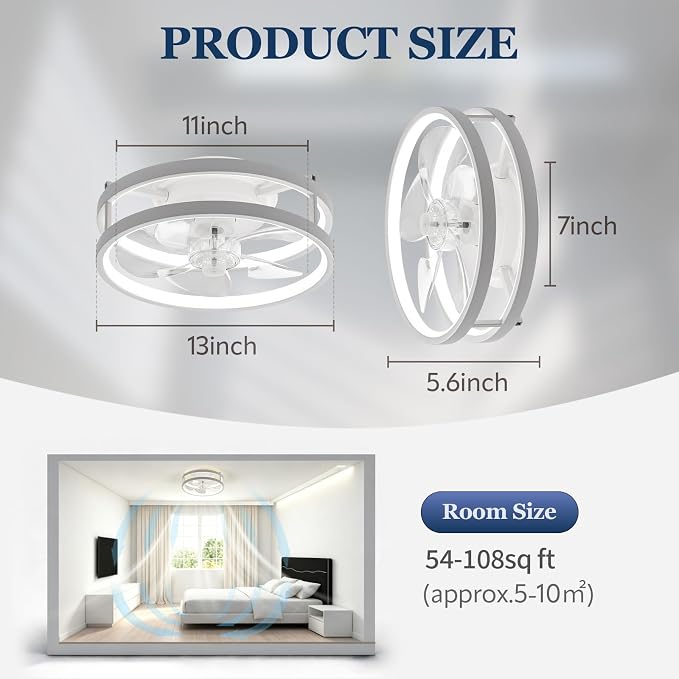 13 Inch Small Ceiling Fan with Light and Remote, Low Profile Flush Mount Fandelier, Dimmable 3CCT Quiet LED Ceiling Fans for Bedroom, White
