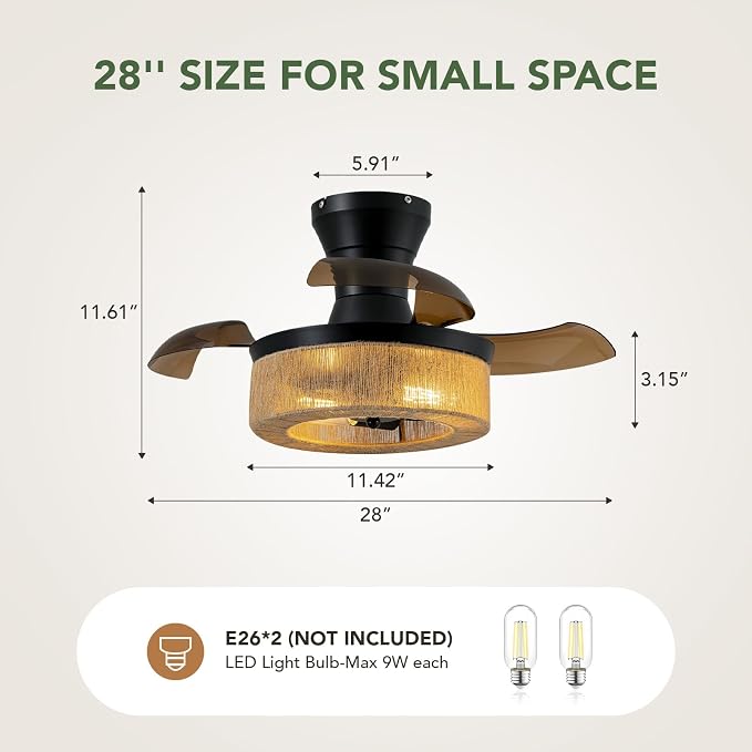 28'' Retractable Ceiling Fan with Lights, Flush Mount Small Caged Low Profile Ceiling Fan with Remote Invisible Blades 6 Wind Speeds farmhouse Fandelier for Kids Nursery Room, Bedroom, Kitchen