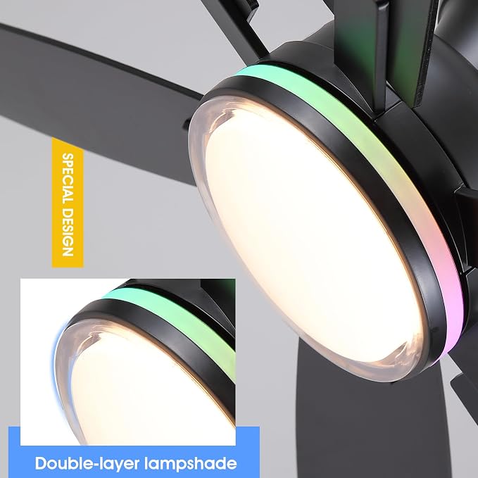 Kviflon 52" Ceiling Fans with RGB Lights, Low Profile Ceiling Fan with Remote/APP Control, Flush Mount, Double-Sided 6 Reversible Blades, RGB+3CCT Dimmable Lights, Double Lampshade for Bedroom, Black