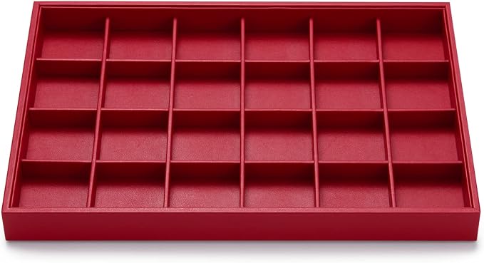 Oirlv Red Leather Jewelry Organizer 24-Grid | Red Leather Exterior, Soft Microfiber Interior, 35X24X3Cm, Vibrant Red Color, Removable Dividers, Great for Retail Display