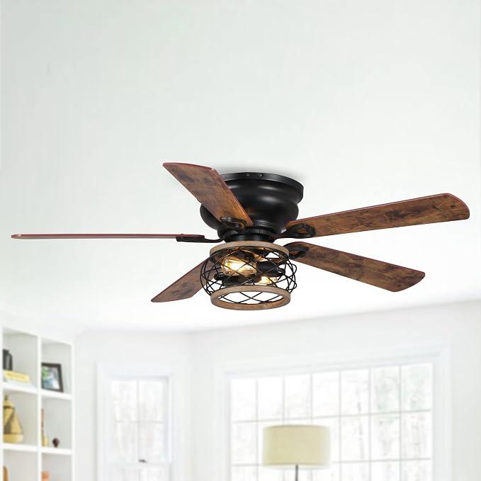 48" Farmhouse Ceiling Fans with Lights, Cage Flush Mount Ceiling Fan with Remote for Bedroom, Living Room, 5 Double Blades, Noiseless Reversible Motor, Timer