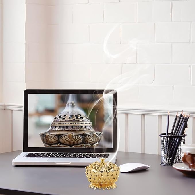 Incense Burners, Vintage Metal Burner Zinc Alloy Lotus Censer with Copper Ash Catcher Lid Feng Shui Home Office Decor for Meditation and Spiritual Relaxation 4.7" Antique Style (Gold)