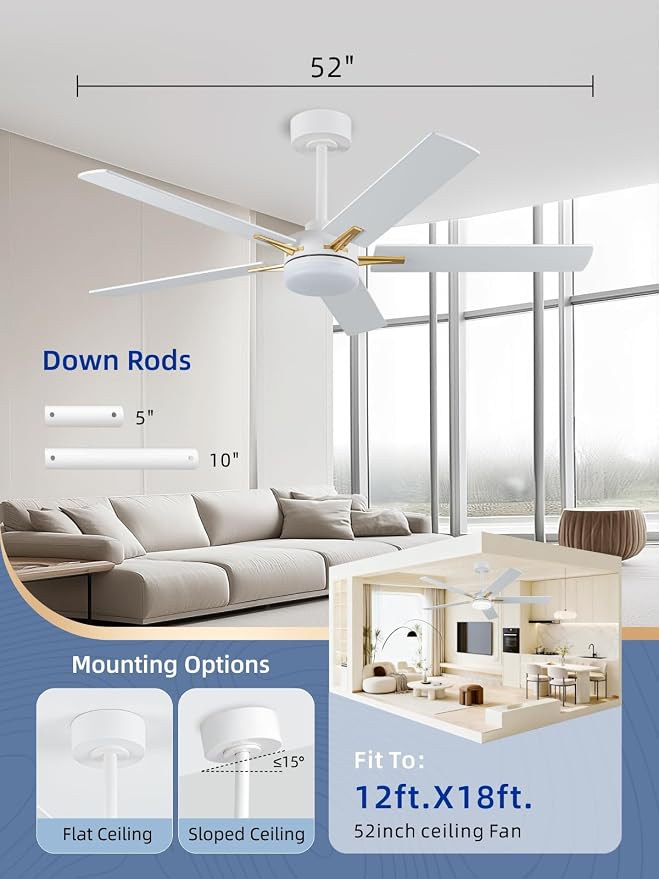 LANMEL 52 Inch Ceiling Fans with Lights, App&Remote Control, Low Profile Modern Ceiling Fan, 6 Speed, Reversible, 3000k-6500k Dimmable LED, Quiet DC Motor for Indoor Outdoor Use, Gold White