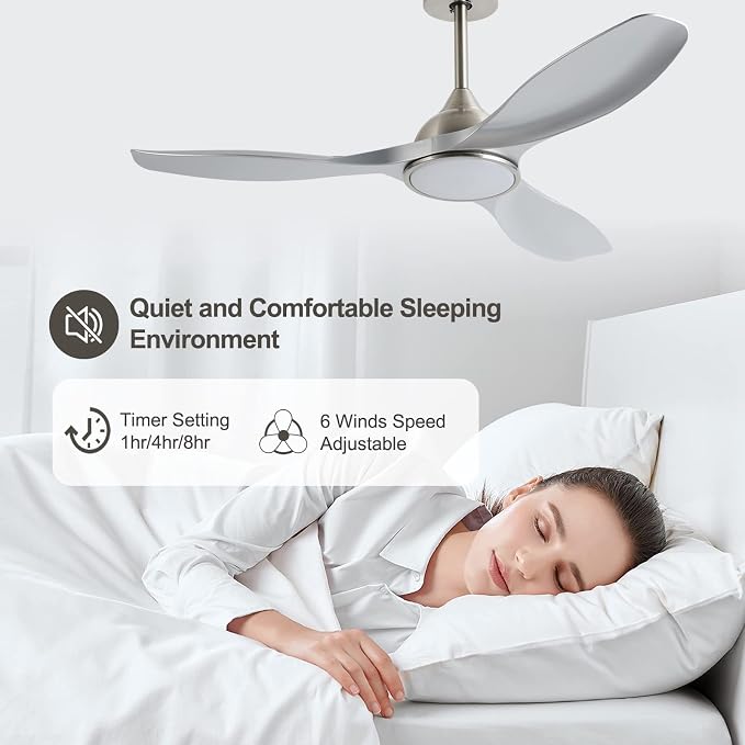 52 Inch Modern 3 Blade Silver Ceiling Fan with Lights Remote Control | Quiet DC Motor, 6 Speed High CFM, Indoor Ceiling Fan for Bedroom, Office, Living Room