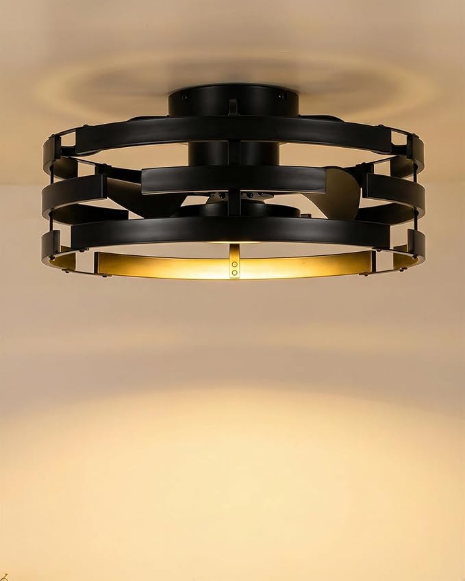 Roomratv Black Fandelier Flush Mount Ceiling Fan with Lights, 20" Low Profile Caged Ceiling Fan with Remote, Modern Enclosed Bladeless Fan Light Fixtures for Bedroom Living Room