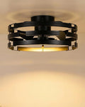 Roomratv Black Fandelier Flush Mount Ceiling Fan with Lights, 20" Low Profile Caged Ceiling Fan with Remote, Modern Enclosed Bladeless Fan Light Fixtures for Bedroom Living Room