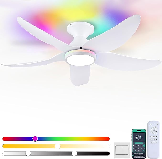 46" Ceiling Fans with Lights Remote/APP Control, Low Profile Ceiling Fans with Dimmable White Colors+Ring RGB Lights, 6 Speeds 5 Reversible Curved Blades for Kids Room Bedroom Living Room Bar, White