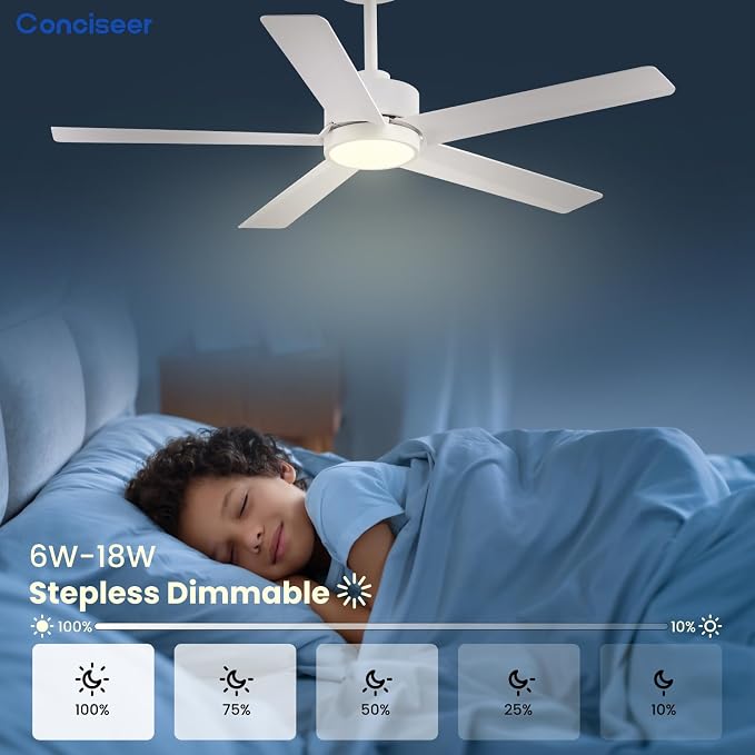 Conciseer Modern Ceiling Fans with Lights,52 Inch Ceiling Fans with Remote for Bedroom Living Room Kitchen, 18W 6CCT Dimmable，5 Blades 6 Speed Reversible Quiet DC Motor White